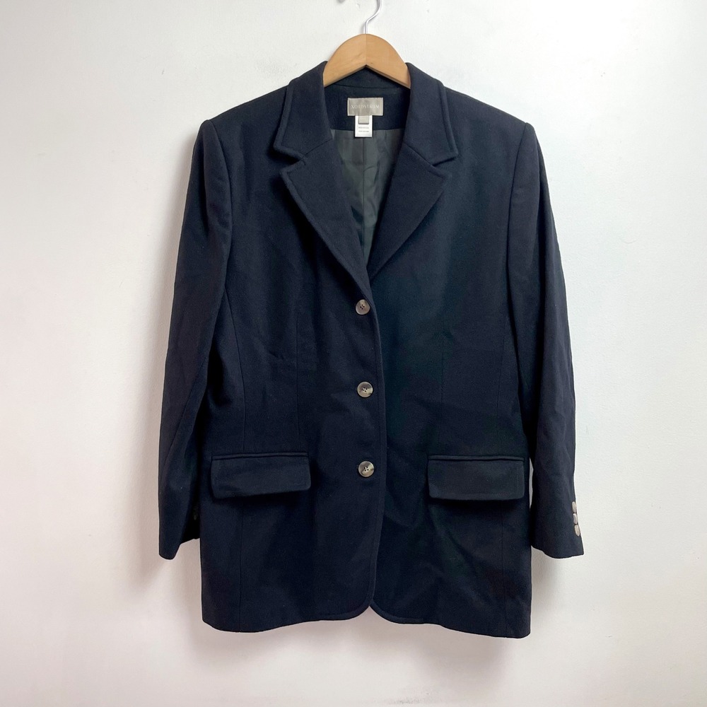 Nordstrom Black Merino Wool Blazer Jacket Size 14 Vintage 90s Minimalist Classic